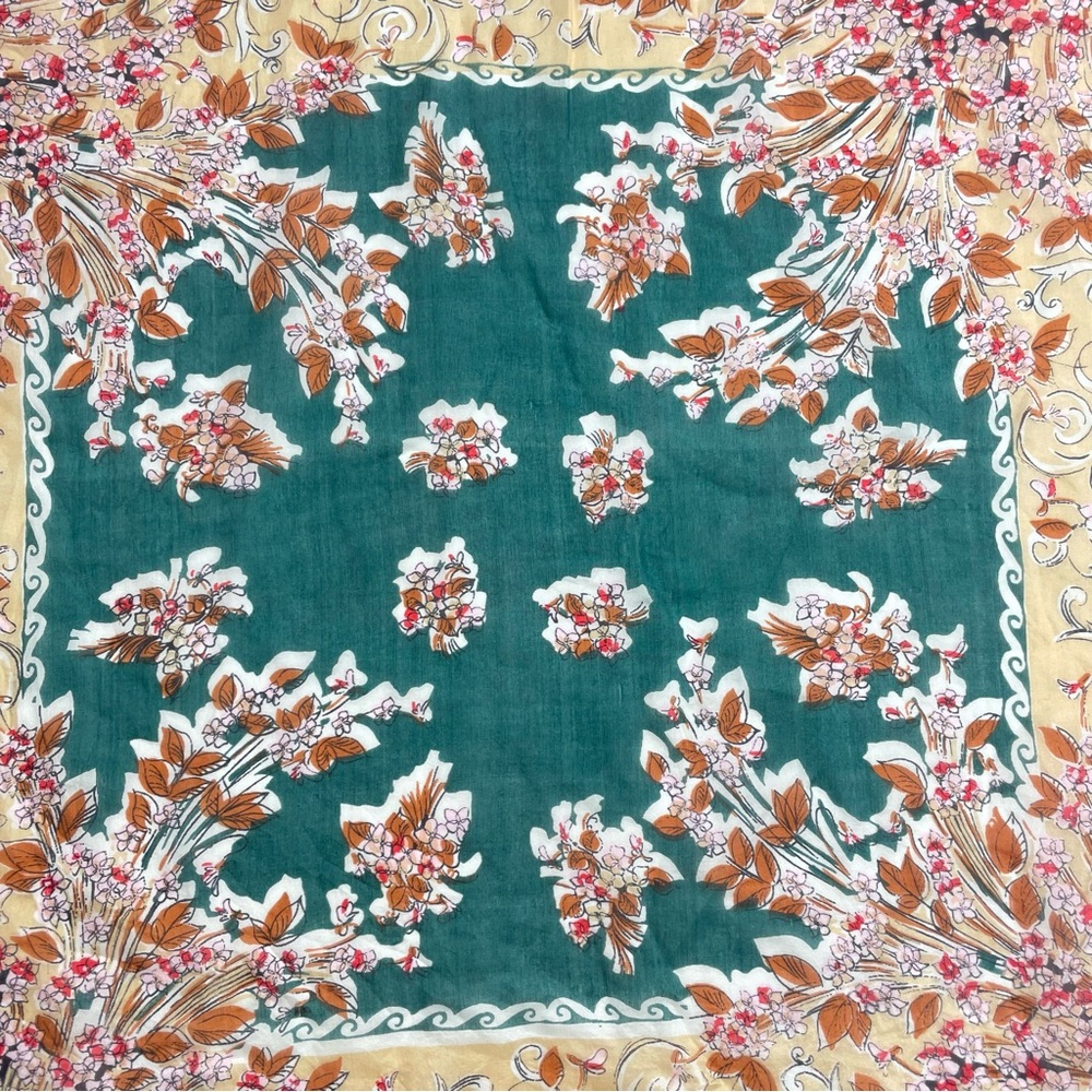 Vintage Silk Scarf Floral FLAWS Green Cream Retro Square Border Women Autumn‎ - Picture 6 of 16